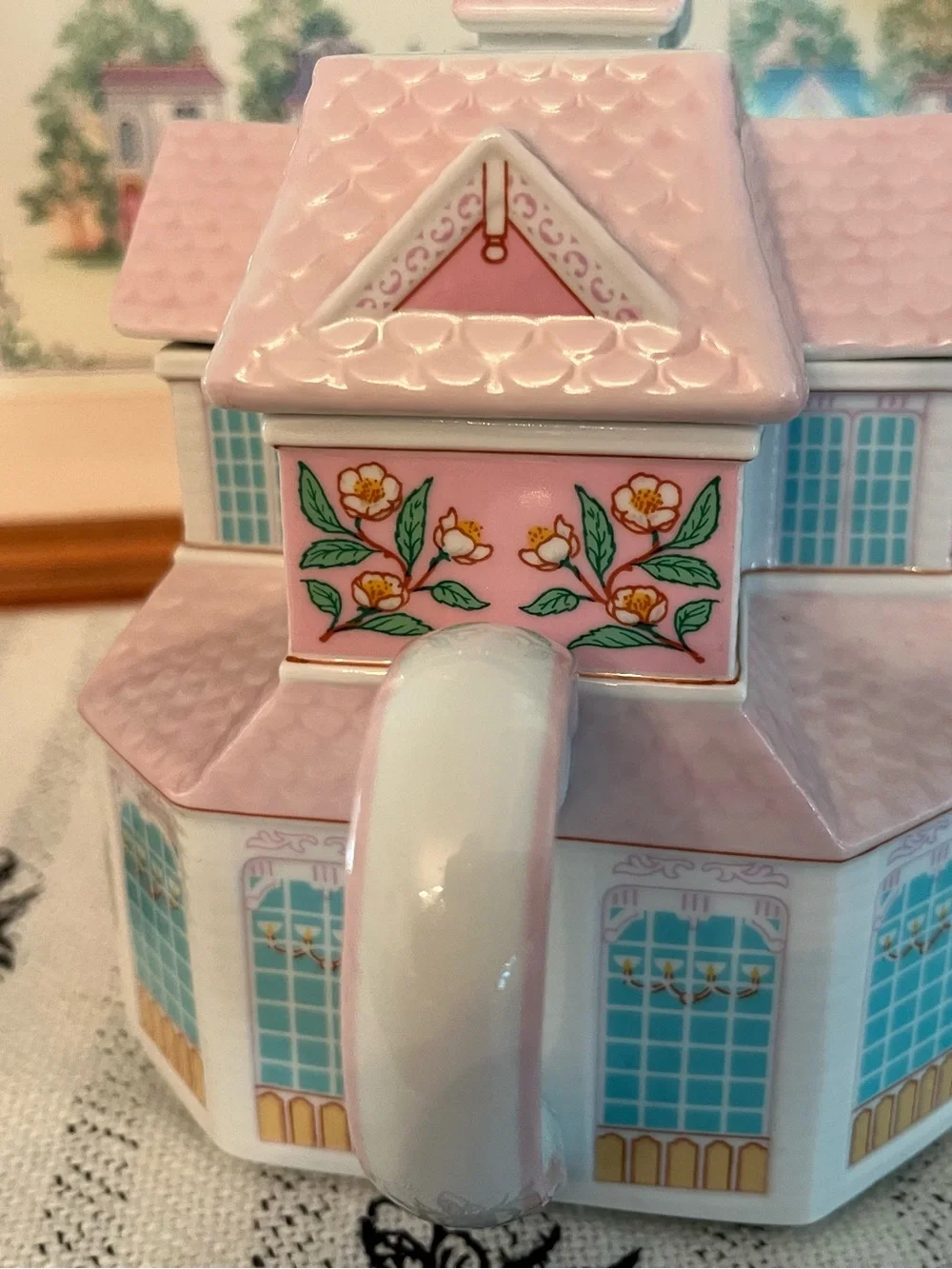 LENOX Village Tea Room Pink Ceramic House Teapot, Vintage 1990s